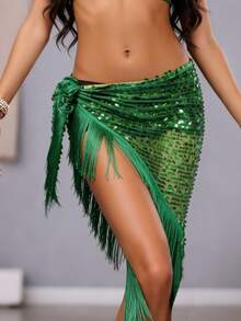 女士亮片流苏臀巾拉丁舞表演服装肚皮舞流苏腰链配三角巾 - 彩色 - 查看 17