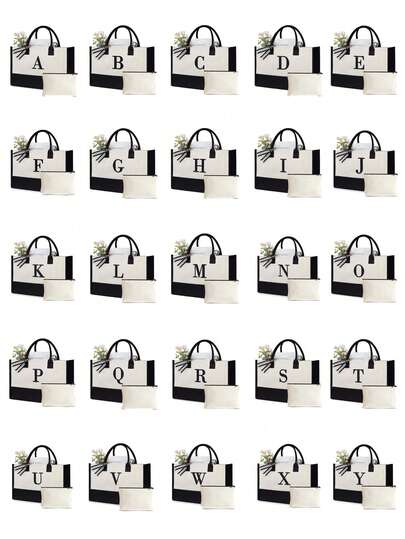 1 Chiếc/1 Bộ Túi xách nữ bằng vải canvas họa tiết chữ cái A-Z, kèm túi đựng mỹ phẩm, túi quà tặng cá nhân hóa, túi đựng đồ dùng cá nhân tiện dụng, túi mua sắm đa năng, thiết kế mới, dung tích lớn, hoàn hảo cho mua sắm, túi đeo vai, thích hợp cho đám cưới, sinh nhật, đi biển, lễ hội, quà tặng tinh tế dành cho phụ nữ, các bà mẹ.
