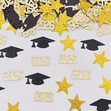 200pcs Graduation Season Mixed Design Paper Confetti, Including Graduation Cap And Star Patterns, Suitable For Desktop Decoration And Event Decor, Adding Ceremonial And Commemorative Elements To Graduation Ceremony - Black Gold - View 4