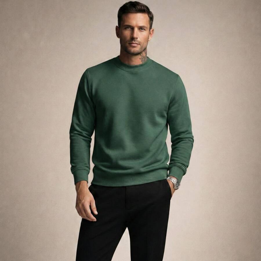 Crew Neck Sweatshirt, Versatile Winter Sweater, Premium Outerwear For Maximum Comfort. - Dark Green - View 1