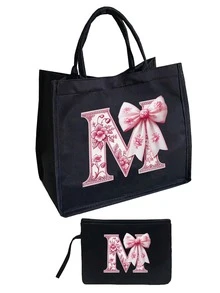 粉色花卉蝴蝶结字母亚麻手提包套装，含拉链化妆包，情人节礼物，女友礼物，多功能便携手提包，教师节礼物，女士礼物，字母印花手提包，化妆包，精美旅行沙滩包 - 彩色 - 查看 24