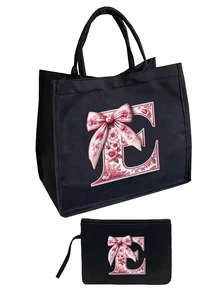 粉色花卉蝴蝶结字母亚麻手提包套装，含拉链化妆包，情人节礼物，女友礼物，多功能便携手提包，教师节礼物，女士礼物，字母印花手提包，化妆包，精美旅行沙滩包 - 彩色 - 查看 16