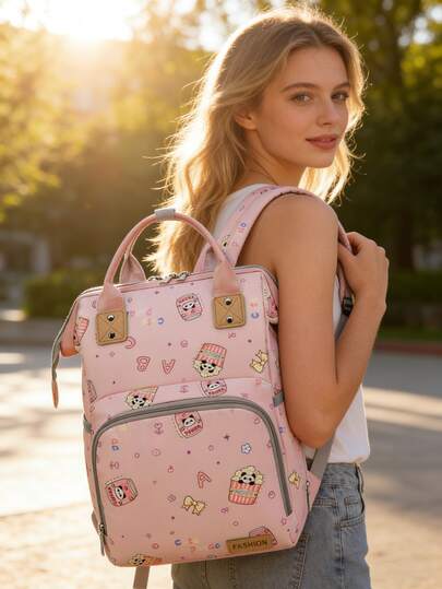 1pc Solid Color Nylon Diaper Backpack, Large Capacity Mommy Bag With Hidden Anti-Theft Zipper, Suitable For Stroller, Portable And Durable, Panda Print