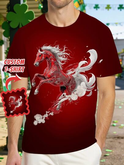 Customized Red Year Of The Horse Funny Men's T-Shirt, Upload Your Photo, Personalized Short Sleeve T-Shirt - Interesting & Unique Design, Personalized Couple's Clothing, Make A One-Of-A-Kind Gift, Best Choice For Family And Friends