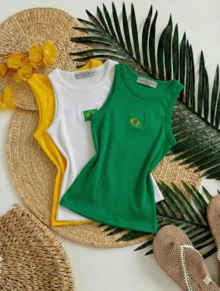 Set Of 3 Tank Tops With Embroidered Brazilian Flag - Green/White/Yellow - View 2