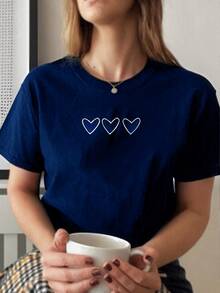 Women's Basic Oversized T-Shirt Three Hearts Heart Cotton Premium Knit - 海洋 - 查看 1