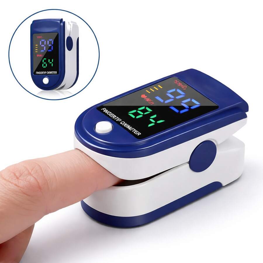 Oxímetro de Pulso Digital Profesional para Dedo, Medidor de Oxígeno en Sangre SpO2 y Ritmo Cardíaco, Pantalla LED, Monitor Portátil de Salud - Azul y blanco - Ver 1