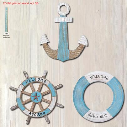 1 Set Nautical Wall Decor - Wooden Anchor, Rudder And Life Buoy With "Welcome Aboard" Text, Ocean Themed Wall Hanging Decoration, Indoor Sailing Decor, No Electricity Required