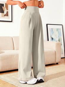 Women's High Waist Solid Color Loose Wide Leg Yoga Pants With Side Pockets, Casual Joggers For Daily Wear, Autumn, Fashionable Solid Color Loose Wide Leg Pants, Elegant & Minimalist Spring - Light Grey - View 3