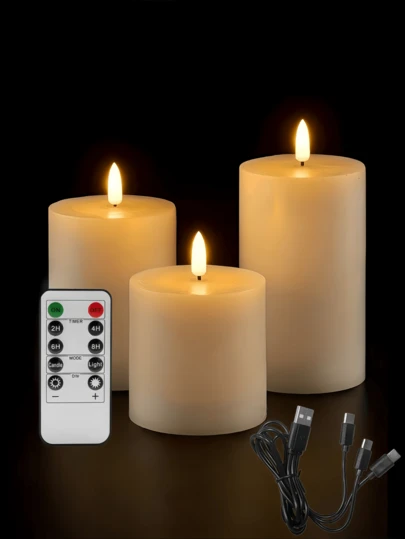 3pcs Rechargeable LED Warm Light Candle Lamps, Battery Powered Flickering LED Candles, Flameless Remote Control Candles, Flickering Pillar Candle Lights With Remote And Timer, Plastic Pillar Design To Create Wax Candle Effect, Suitable For Home Decor, Holiday Party Decoration, Company, Valentine's Day, Candle Warmer, Gifts, Fake Candles, LED Candles, Candle Lamp Gifts, Birthday Graduation (3" Dia X 4"/5"/6" H)