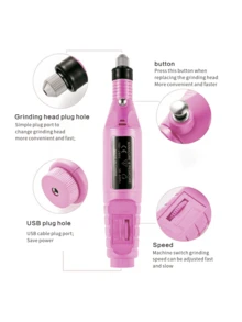 粉色电动指甲磨甲器 - 多功能美甲护理工具，配备多种磨头，USB供电，适合家庭使用和美甲 - 彩色 - 查看 2