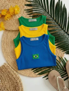 Set Of 3 Tank Tops With Embroidered Brazilian Flag - Blue/Yellow/Green - View 2