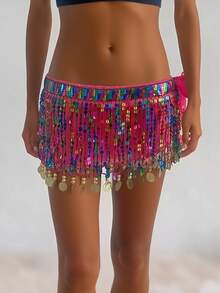 Women's Belly Dance Hip Scarf With Iridescent Sequin Fringe & Coin Tassels, Adjustable Waist Wrap For Performance, Practice & Party Wear (Available In Multiple Colors) - Multicolor - View 15