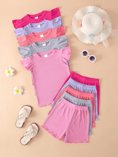 Bộ 10 món đồ mặc nhà cho bé, áo thun dệt kim màu trơn phối cùng quần short màu trơn đa năng, thích hợp cho mùa xuân/hè.