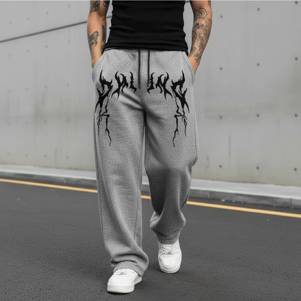 Men's Wide Leg Sweatpants With Stylish Streetwear Print For Winter - Xám - Xem 1