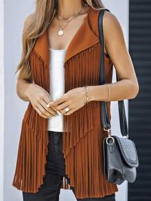 Womens Vintage Western Fringe Vest Tops Classic Suede Vest Sleeveless Tassels Cardigan Jackets - 卡其色 - 查看 3