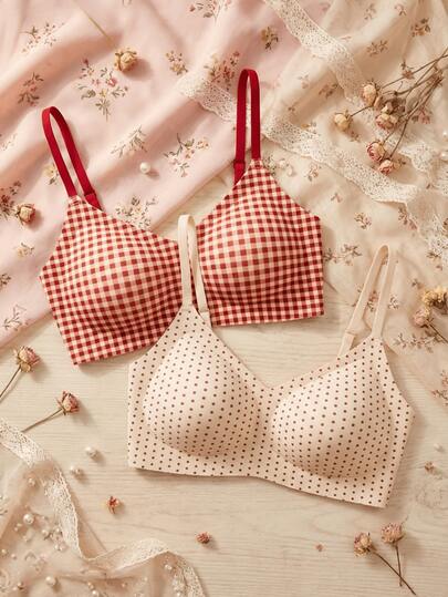 2pcs Women's Seamless Bras, Wireless Supportive Bras With Removable Pads, Soft & Comfortable, Polka Dot Print, Suitable For Dates, Parties, Daily Wear