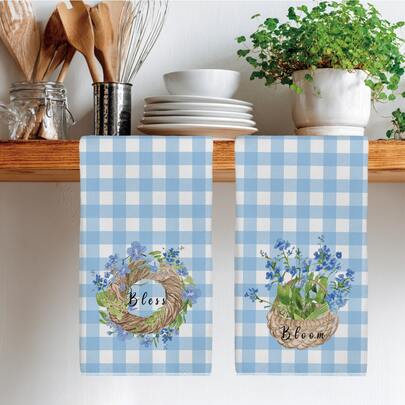 2条装简约蓝白格子水彩花卉图案厨房毛巾，40*60厘米，柔软超细纤维材质，适用于家庭、厨房、餐厅、户外露营、桌面清洁、餐具擦干、手部擦干，礼品