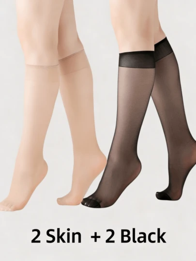 2 Pairs Black, 2 Pairs Skin-Tone Semi-Sheer Stockings, Fashionable Versatile Suitable For Daily Wear
