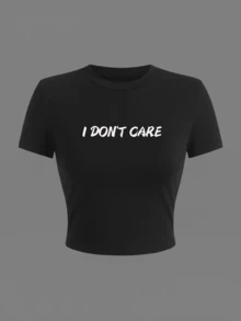 I Don't Care 口號圖案女款短袖圓領修身顯瘦休閒黑色T恤 - 黑色 - 查看 3