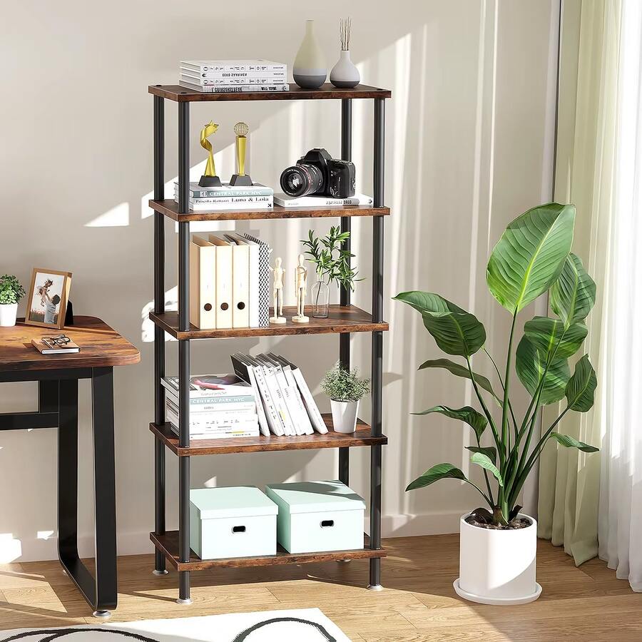 5-Tier Wooden Organizer Shelf, Minimalist Storage Unit For Kitchen, Home And Office, Brown/Gray - لون كستنائي - مشاهدة 1