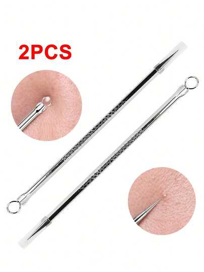 2 pièces Aiguille double en acier inoxydable contre l'acné, outil portable pour extraire les points noirs, nettoyage des points noirs, beauté, soins de la peau, spa, soins personnels, outil de soins de la peau, soins du visage, fournitures pour esthéticienne, peau, nettoyant pour le visage, soins du visage