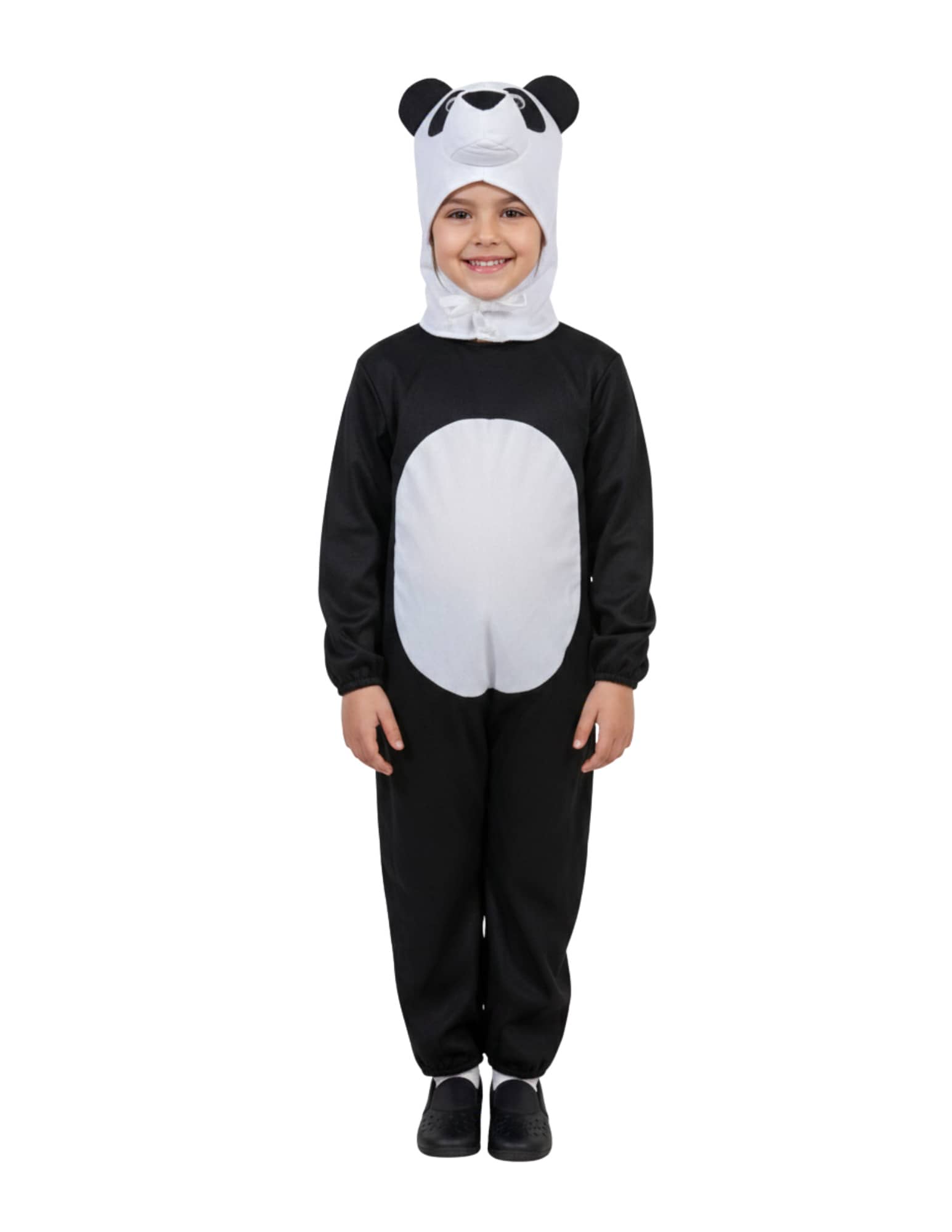 disfraz de panda para niño o niña, confeccionado con tela suave, afelpada y cálida, ideal para brindar comodidad durante toda la celebración. El traje generalmente es de una sola pieza en colores blanco y negro, representando el característico pelaje del panda. Incluye un gorro acolchado con orejitas redondas, ojitos negros y una carita dulce que aporta un toque encantador. - Negro - Ver 1