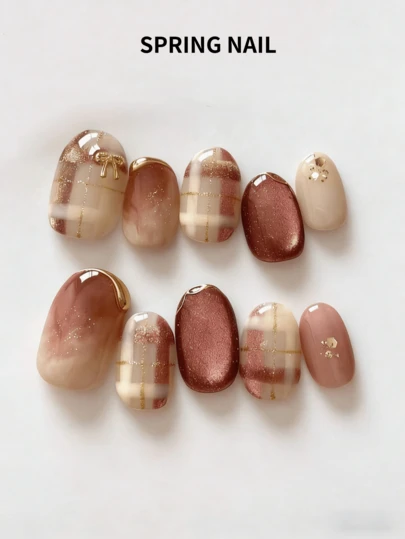 10pcs Handmade Nail Stickers, Oval Short Nail Stickers In Red Cat Eye, Burgundy, Nude Pink Ombre, Gray Rose Gold Cat Eye, 3D Gold Bow, Cute Minimalist Nail Art Stickers, Suitable For Women And Girls, For Spring, Summer, Autumn, Winter, Parties And Daily Wear