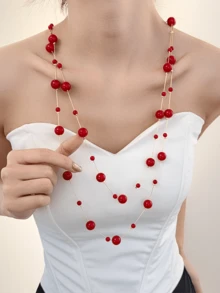 1条时尚奢华长款仿珍珠项链，优雅魅力项链，适合日常、度假、派对、送礼。 - 紅色 - 查看 1