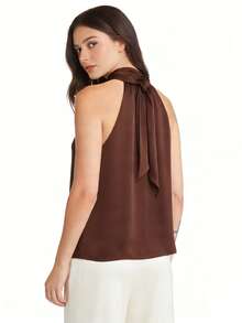 Women Tank Tops Halter Neck Sleeveless Solid Color Summer Loose Fit Vest For Daily Vacation Beach - Dark Brown - View 2