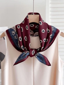 1pc Herringbone & Cashew Print Scarf, Fashionable Faux Linen Velvet Neckerchief, Paisley Print Bandana - FR202-1 Burgundy - View 1
