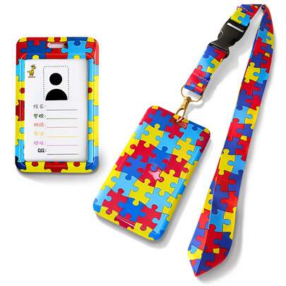 Conjunto Cordão e Porta Crachá Estampado Quebra Cabeça Identificação Autista Doença Oculta