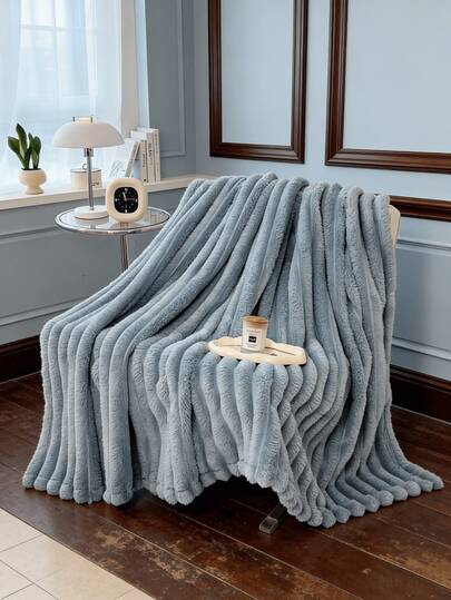 1pc Super Soft Plush Blanket, Wide Striped Faux Fur Fleece Blanket, Milk Corduroy Flannel Blanket, Comfortable Nap Blanket For Office, Camping, Sofa, Multipurpose Throw Blanket, Gift