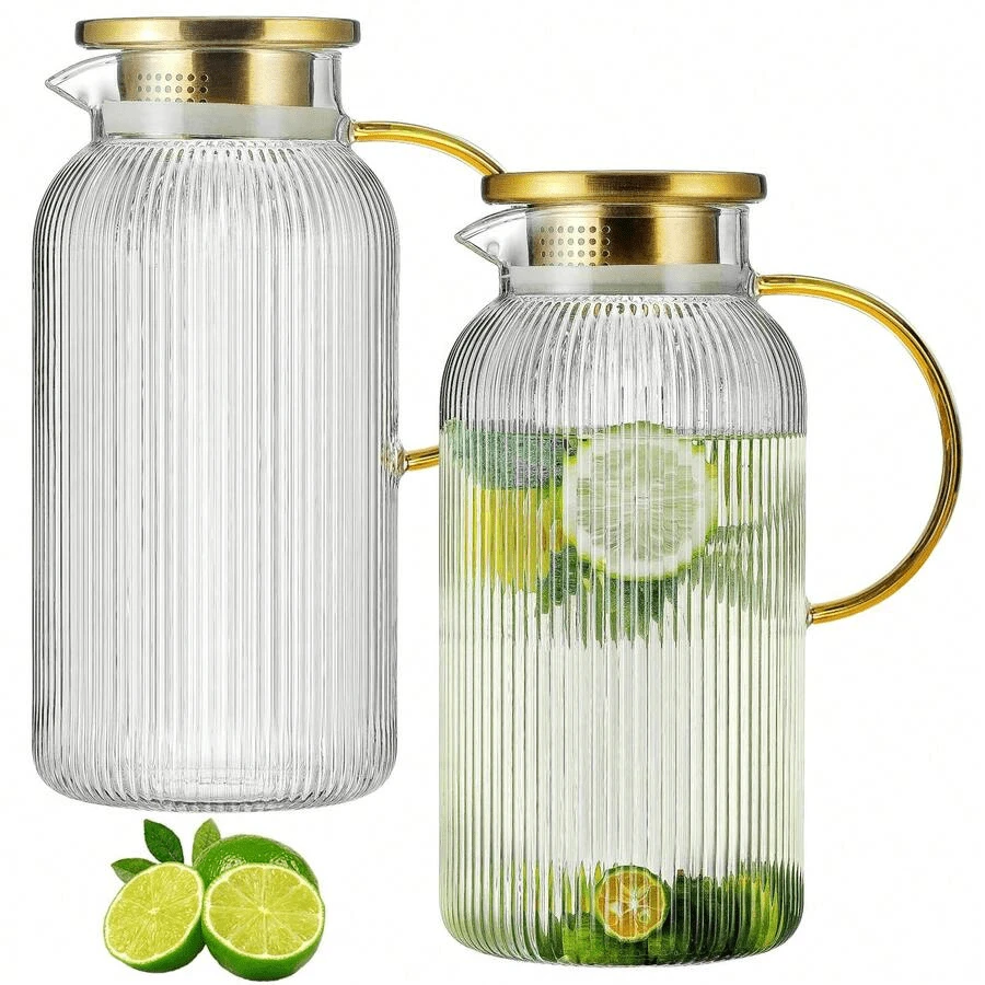 2 PACK Glass Pitcher With Lid, 68 Oz/ 2 Liter Classic Vertical Stripes Water Pitcher With Handle,Glass Water Carafe For Cold Brew, Coffee, Lemonade, Iced Sun Tea,Beverage,Heat Resistant - 無色 - 查看 1