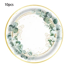 10pcs/20pcs Sage Green Leaves Color Party Supplies Serve Guests Eucalyptus Flowers Disposable Paper Plates Napkins And Cups For Bridal Baby Shower Birthday Wedding Party Decorations - Multicolor - View 10