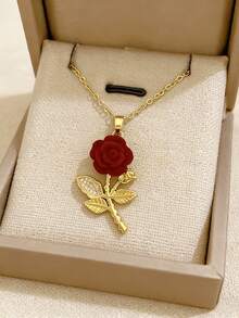 1件不锈钢玫瑰花吊坠项链，百搭奢华优雅水钻颈链，适合日常/派对/节日/生日/音乐节佩戴，珠宝礼品 - 彩色 - 查看 1