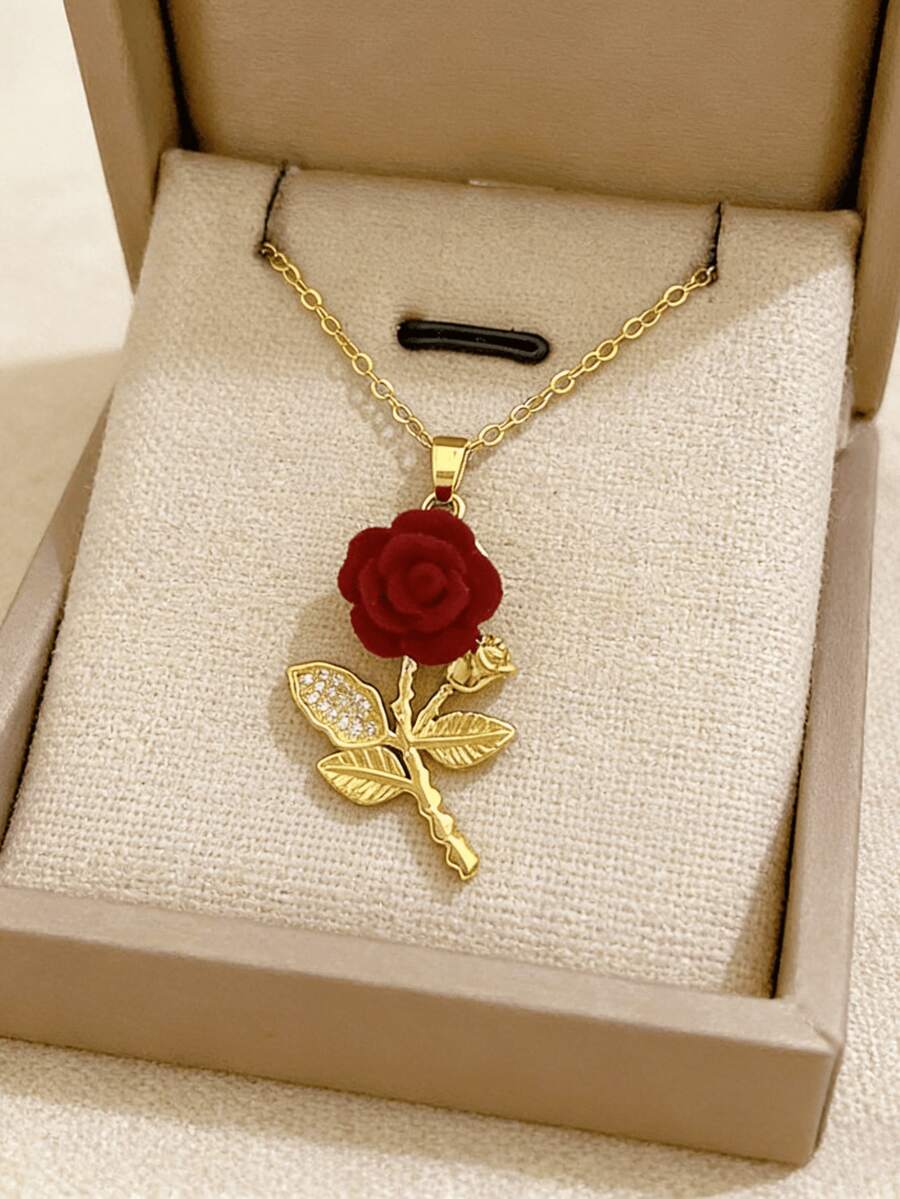 1件不锈钢玫瑰花吊坠项链，百搭奢华优雅水钻颈链，适合日常/派对/节日/生日/音乐节佩戴，珠宝礼品 - 彩色 - 查看 1