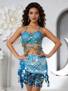 Belly Dance & Carnival Party Bra & Hip Scarf Set Halter Neck With Sequin Coin Tassel Dance Practice & Stage Party Outfit (Multiple Colors Available) - Multicolor - View 6