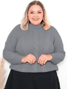 Women's Plus Size High Neck Premium Knit Blouse For Winter, Cold Weather, Elegant, Modern, Long Sleeve, Casual - Grey - View 3