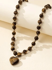 时尚奢华优雅虎眼石项链，搭配心形吊坠，适合日常佩戴、通勤、度假、街头摄影，亦可作为礼物馈赠。 - 棕色 - 查看 1