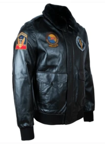 AVIATRIX Men's Real Leather Aviator Bomber Jacket With Fur Collar B406 - Black - View 3