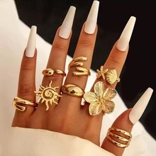 Set Of 8 Women's Beach Style Rings – Starfish, Shell And Sun, Boho Gold Fashion - Vàng - Xem 3