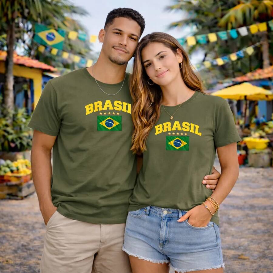 Unisex Couple's T-Shirt Set With Brazil Flag, Brazilian National Team, And World Cup Logo. - 綠色 - 查看 1