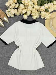 2026 Nuevo Conjunto elegante de oficina para mujer, suéter de punto minimalista y de alta gama, diseño de bolsillo con cremallera de contraste de color, ropa urbana para damas, blusa de punto de manga corta versátil y sencilla, ropa casual de verano para exteriores - Blanco y Negro - Ver 2