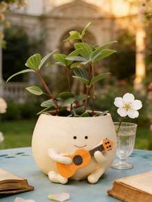 1个可爱笑脸多肉植物花盆，卡通吉他树脂雕塑花盆，带排水孔，适合小型植物和多肉植物，耐候性强，室内/室外装饰，送给植物和园艺爱好者的精美礼物 - C - 查看 7