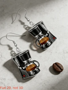 2D亚克力双面印花酷炫黑色咖啡机耳环，早餐机造型，专为女性设计，咖啡爱好者礼物，派对及节日配饰 - 咖啡機 - 查看 7