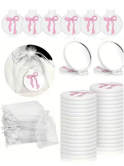 8pcs Pink Bow Decor Mini Pocket Makeup Mirror Set - Round Makeup Mirror With White Storage Pouch And Ribbon Bow, Pink Bow Pocket Mirror, Foldable Portable, Beauty Accessories, Gift For Women, Birthday, Bridal