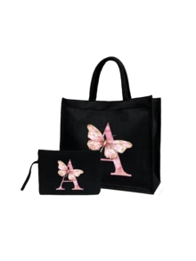 女士大容量手提包，印有粉色蝴蝶和字母A-Z，可折叠耐用，可作购物袋、便携手提包、旅行化妆包、零钱包，适合度假、聚会、购物、工作、通勤等场合，是生日、返校、婚礼、母亲节、复活节的理想礼物，也是春夏必备单品。 - 彩色 - 查看 26