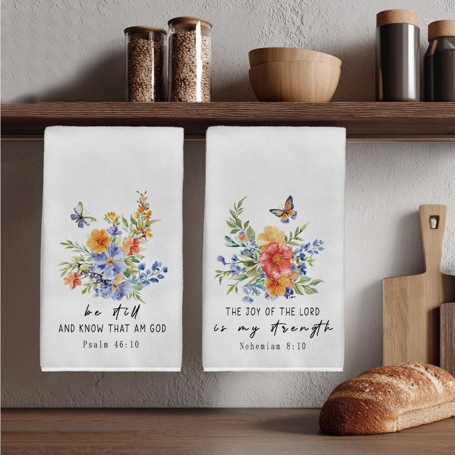 2pcs Watercolor Floral & Butterfly With Bible Verse Pattern Kitchen Towels, 40*60cm Soft Microfiber Material, Suitable For Home, Kitchen, Restaurant, Outdoor Camping, Tabletop Cleaning, Dish Drying, Hand Drying, Holiday Gift - Multicolor - View 1