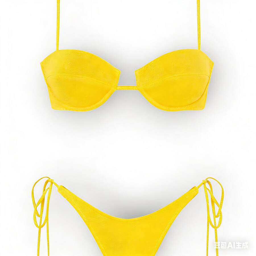 Women's Glossy String Bikini Set Soild Swimsuit Women's Fashion Bikini Green Halter Sport Swimsuit Beach Vacation Low Cut Shiny - 黃色 - 查看 1